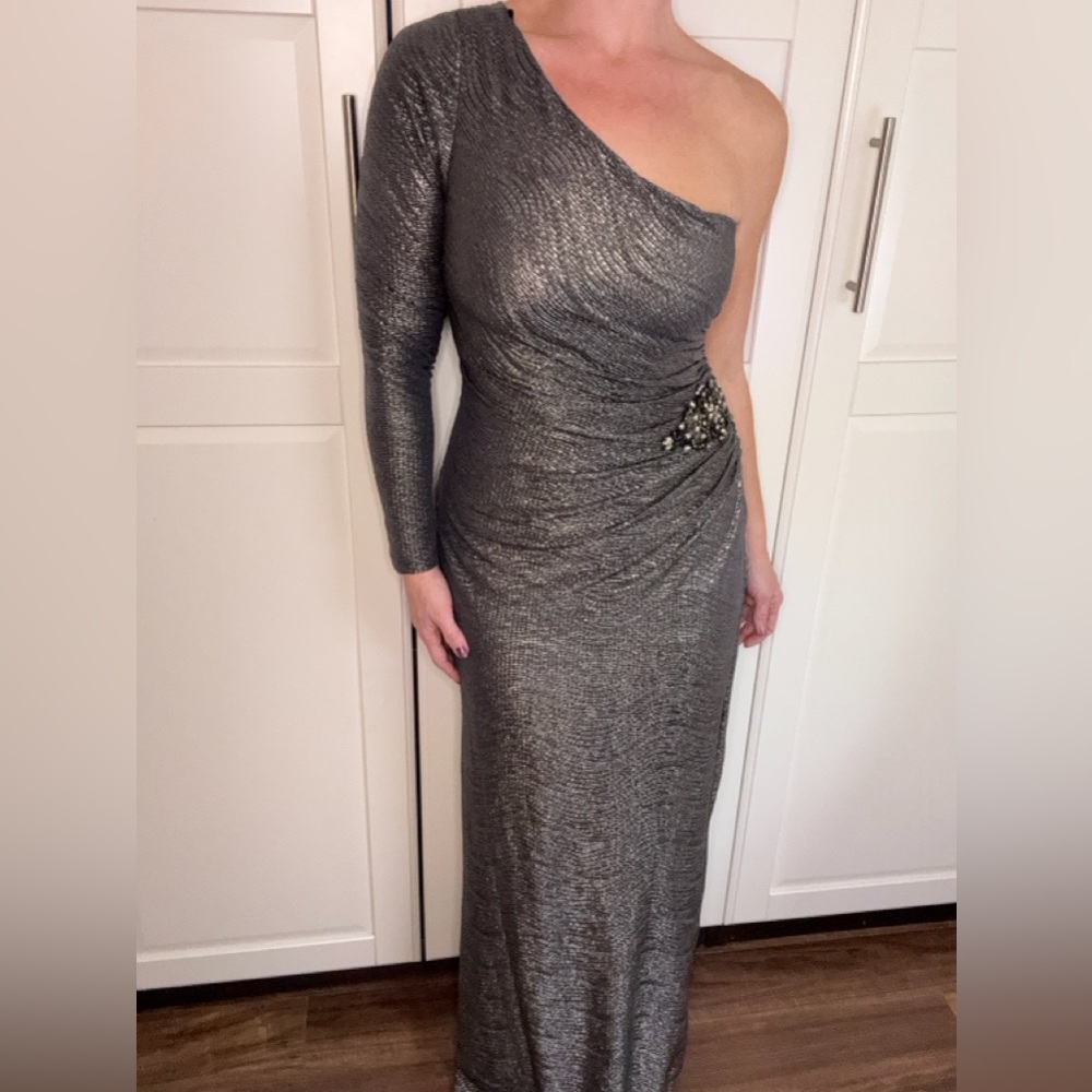 David Meister Metallic Asymmetric Gown with Crystal Detail